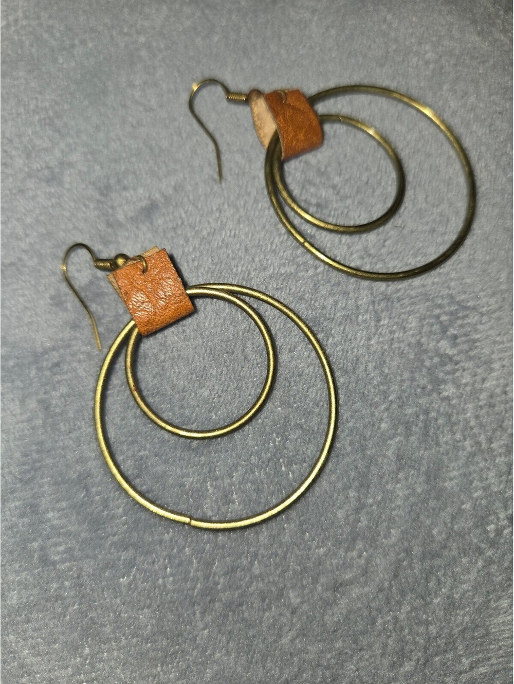 Stylish Double Hoop Earrings with Brown Leather Accent, Gold Tone, New